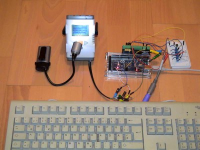 intermediate test setup:<br />interfacing an original PC PS/2 keyboard plus 4 analog sensors plus 1 touch sensor by 1 Arduino Mega to 1 NXT brick